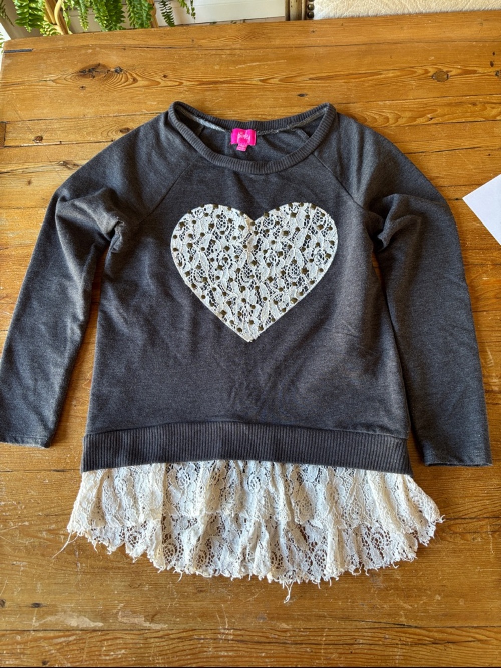 Pinky Charcoal Sweatshirt with White Lace Heart and Lace Hem